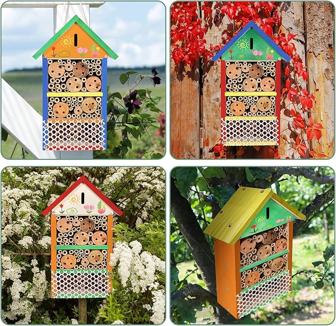 antiai DIY Wooden Insect Hotel Mason Bee Butterfly House,Insect Hotel, Outdoor Garden Decor Bamboo Habitat for Bee Butterfly Ladybugs Live,Educational Bee Hotel Kit for Parents & Teachers