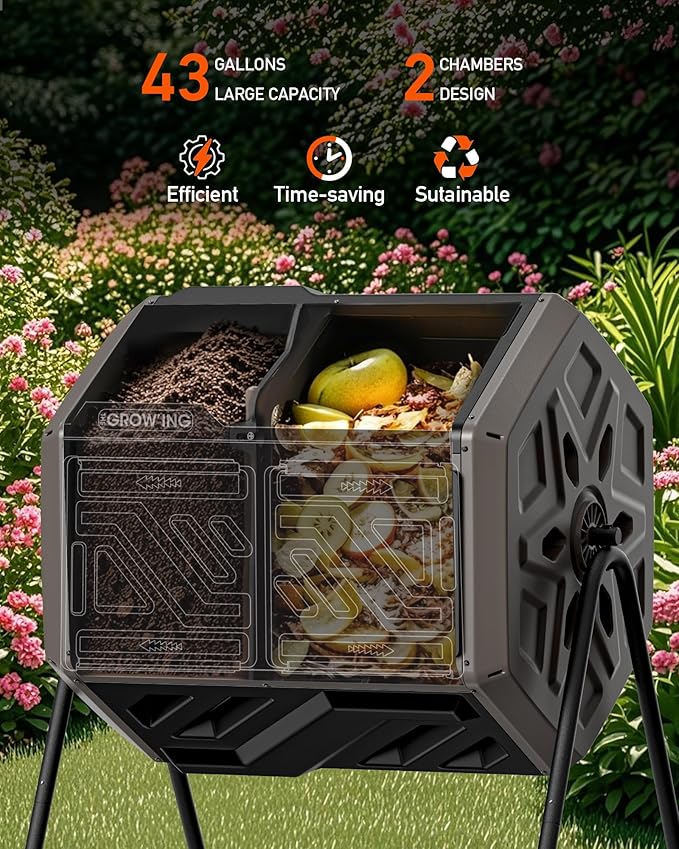 THEGROW'ING Updated 43 Gallon Compost Bin Outdoor, Fast Assemble Tumbling Composter, Dual Chamber Composter Tumbler, Rotating Compost Bin for Outside, Backyard, Garden and Yard, Coffee
