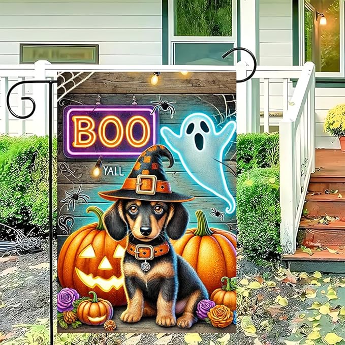 Halloween Pumpkin Puppy Dog Winter Garden Flag 12x18 Inch Double Sided Fall Flag