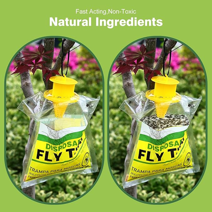 8 Pack Outdoor Hanging Fly Traps, Disposable Flies Killer Trap Bag Catcher with Natural Attractant Bait Bug Catcher and Flying Insect Trap for Outdoor Family Farm Park Orchard Garden