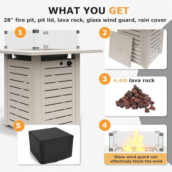 MBY 28'' Propane Fire Pit Table, 50,000 BTU Steel Gas Firepit for Outdoor Patio Deck and Garden, CSA Certified Fire Pit with Lid, Waterproof Cover, Glass Wind Guard and Lava Rock, Beige