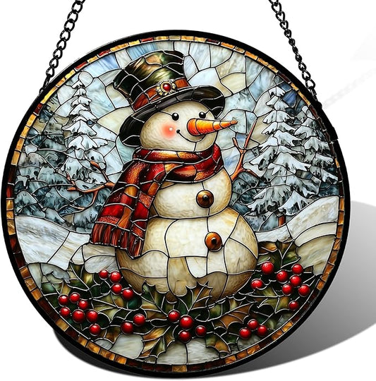 Stained Glass Window Hanging - Christmas Snowman Suncatcher for Door Terrace Garden Home Decor Winter Forest Snow Sun Catcher Birthday Gifts for Lovers Women Men Dad Mom Nana 11.8 in