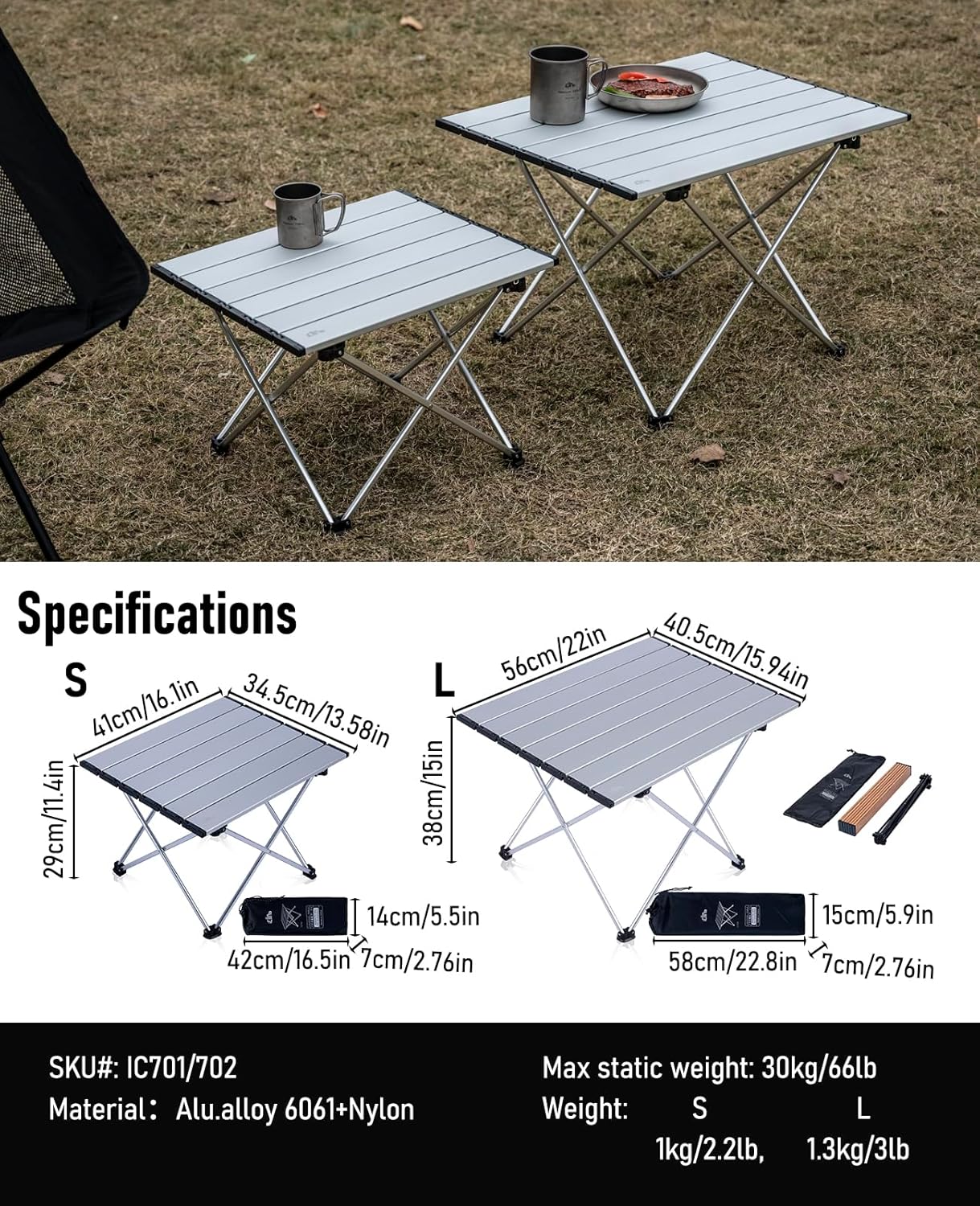 iClimb Ultralight Compact Camping Folding Table with Carry Bag (Silver - S)