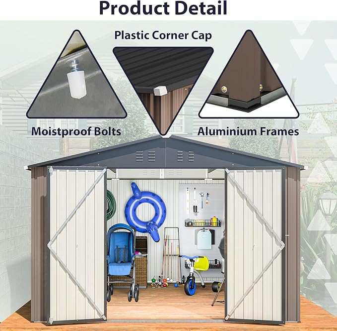 Outdoor Storage Shed, 10x10 FT Galvanized Steel Metal Shed, Lockable Waterproof Tool Storage Sheds for Garden, Patio, Lawn – Durable Storage Solution in Multiple Sizes