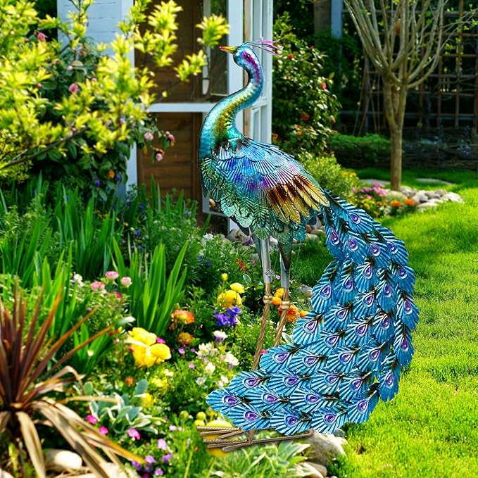 Haven Treasures Luxury 30.5 inches Outdoor Metallic Peacock Statute for Your Garden Decoration, Outdoor Yard Decor Sculpture, Home Décor