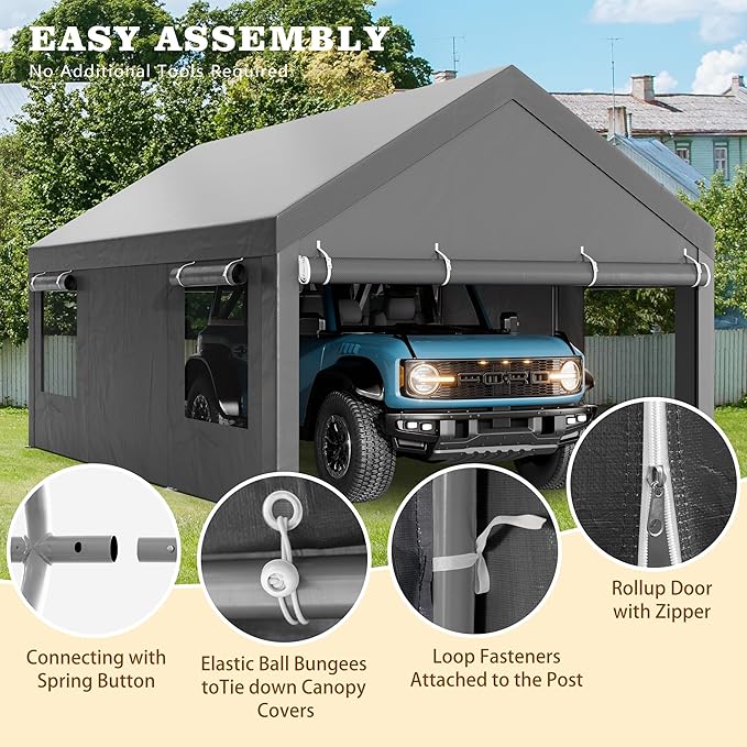 Nuturelly 10x20 FT Carport, Heavy Duty Carport Canopy with Roll-up Windows, Portable Garage with Removable Sidewalls & Doors, Car Canopy with All-Season PE Tarp for Car, Truck, Boat(Gray)