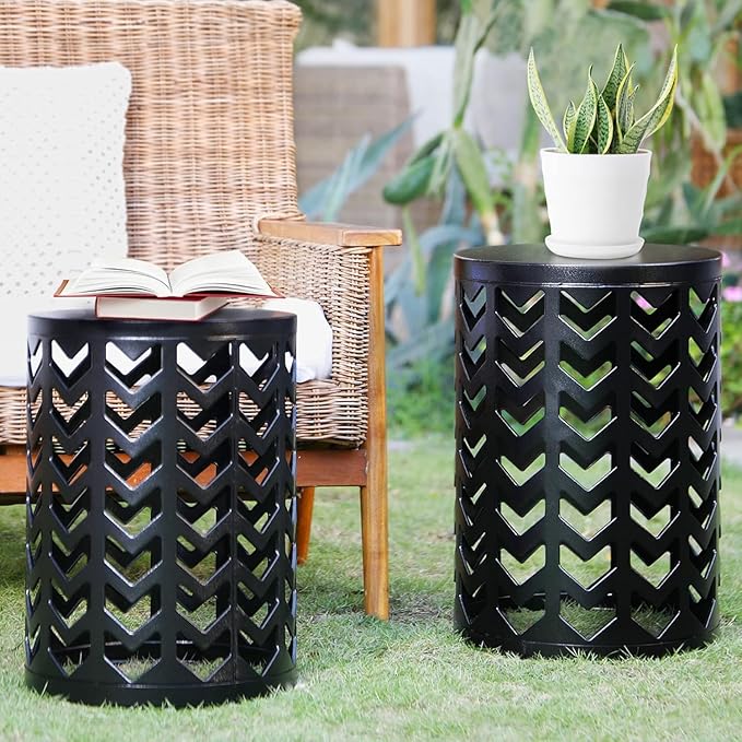 HFHOME Round Metal Coffee End Tables, Set of 3 Modern Furniture Nightstands Decor Side Tables Plant Stand for Home Office Indoor Garden Outdoor- Black
