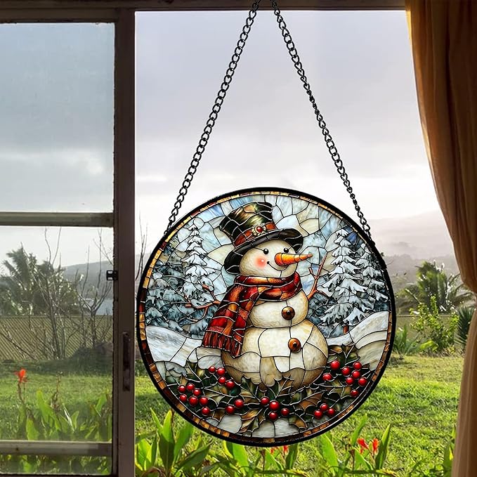 Stained Glass Window Hanging - Christmas Snowman Suncatcher for Door Terrace Garden Home Decor Winter Forest Snow Sun Catcher Birthday Gifts for Lovers Women Men Dad Mom Nana 11.8 in
