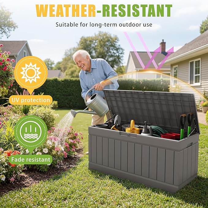 Greesum 82 Gallon Resin Deck Box Large Outdoor Storage for Patio Furniture, Garden Tools, Pool Supplies, Weatherproof and UV Resistant, Lockable, Coffee
