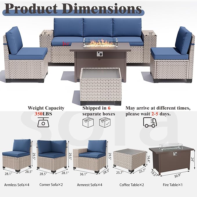 13 Pieces Patio Furniture Set with Metal Fire Pit Table, Outdoor Sectional Wicker Sofa with Thick Cushions and Coffee Table, High Back Rattan Patio Conversation Sets, Navy