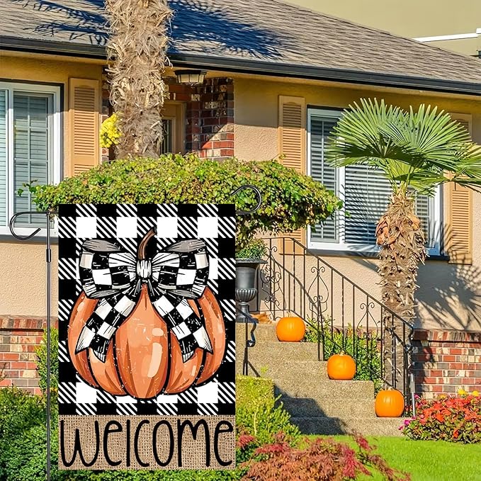 Fall Pumpkin Garden Flags 12x18 Vertical Double Sided, Welcome Fall Yard Flag for Outside, Autumn Thanksgiving Holiday Outdoor Seasonal Decorations for Home