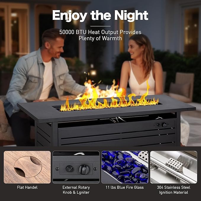 4 Piece Black Metal Outdoor Patio Furniture Sets with Firepit Table, Patio Conversation Sets 1 3-Seater Sofa, 2 Swivel Sofa with 5.75" Thick Cushion Backyard Furniture for Deck, Blue-2