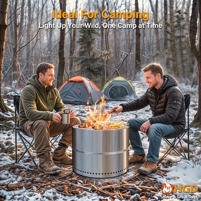 HGD 19.5 Inch Smokeless Firepit with Grill, Portable Wood Burning Fire Pit for Camping & Backyard, Stainless Steel Outdoor Fireplace with Travel Bag, Easy Setup & Compact Storage - Foldable Design