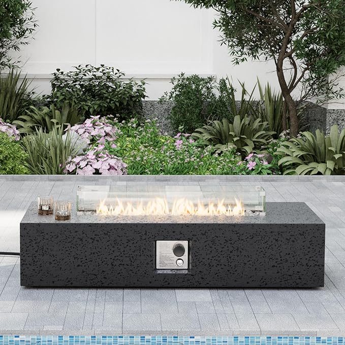 SUNBURY Outdoor Propane Burning Fire Pit, 56x28 inch Square Patio Fire Table 50,000 BTU Fire Pit for Outside with Waterproof Cover and Glass Stones, Light Gray