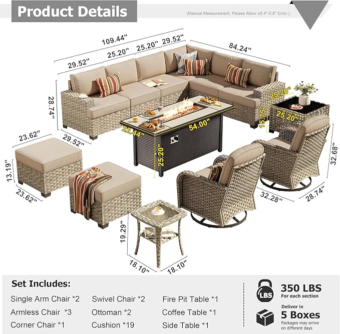 HOOOWOOO Outdoor Sectional Patio Furniture Set with Fire Pit Table,13 Pieces Wicker Conversation Sets L Shaped Couch,Extra Deep Out Door Sofa Outside Furniture with Swivel Chairs Ottomans,Beige