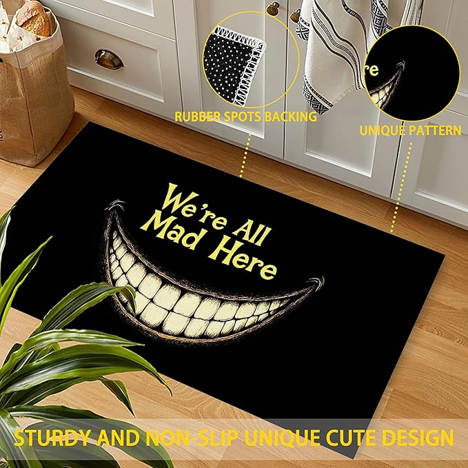 Gothic Smiling Mouth Welcome Mat Indoor,We're All Mad Here Front Door Mat,Non-Slip Entryway Rug, Low Profile Felt Indoor Doormat for Back Door Porch Patio Entrance,30 x 17 Inch