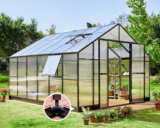 AMERLIFE 12x13.5x9 FT Polycarbonate Greenhouse with Quick Connector Fast Assembly, Large Greenhouses for Outdoors, Swing 2 Doors 4 Vents , Black