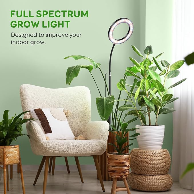 One Head Grow Lights for Indoor Plant Full Spectrum, Plant Lights for Indoor Growing with 3/9/12 Timer, 5 Dimmable Levels, Height Adjustable 16.5''-61", Strong Base for Large Plants