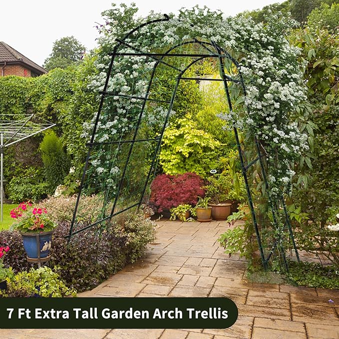 7 Ft Extra Tall Garden Arch Trellis for Climbing Plants Outdoor, Lightweight Metal+PE Coated Garden Arch Trellis Plant Stand for Climbing Vines, Lawn Tower & Garden Support Structure