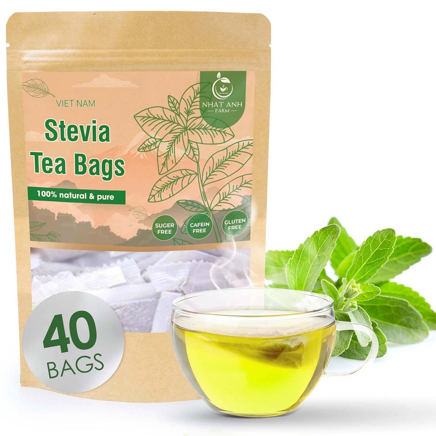 NHAT ANH FARM - Premium Stevia Tea Bags, 40 Stevia Tea Bags, 100% Natural Dried Leaves, Naturally Sweet Herbal Tea, Sugar-Free, Caffeine-Free, No Additives.