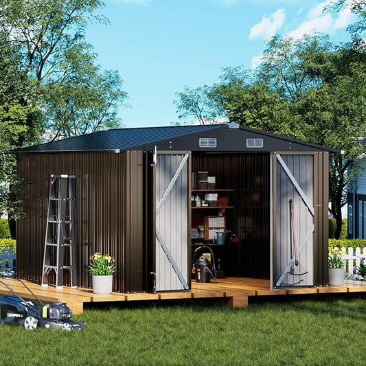 COMHOMA Shed Outdoor Storage Shed Metal,Lockable Doors Tool Sheds with Sloping Roof,Steel Garden Shed with Air Vent for Backyard,Patio,Lawn,Poolside (Brown, 10'*12')