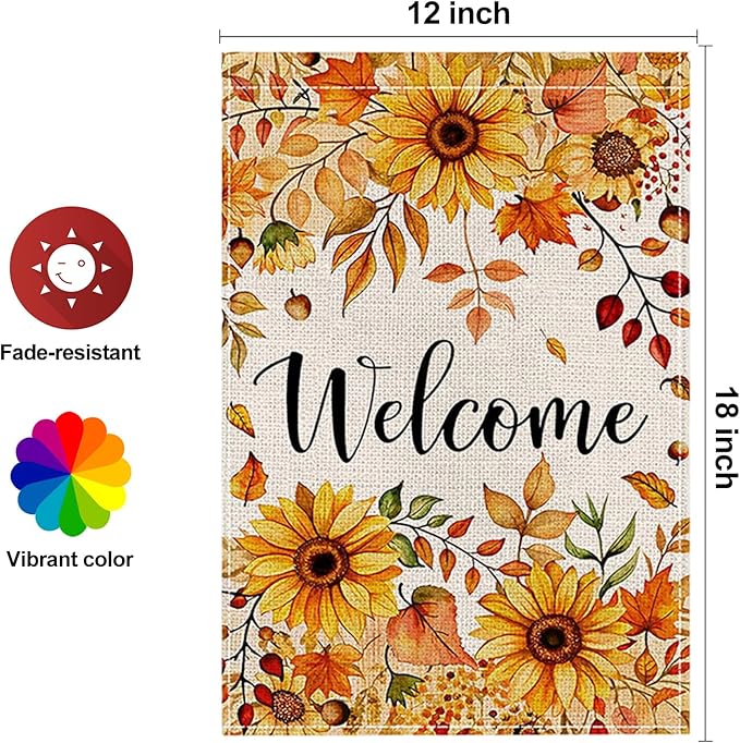 Fall Garden Flag 12 x 18 Inch Double Sided Welcome Sunflower Maple Leaves Designs Autumn Burlap Yard Flag for Outside Rustic Yard Outdoor Holiday Home Decoration
