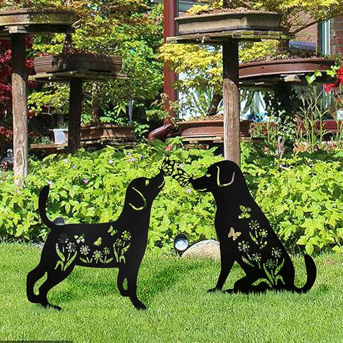 Decorative Garden Stakes - 2 Pack 15" Rust-Resistant Metal Dog Silhouette Outdoor Decor, Corten Steel Puppy Yard Art with Easy Installation for Gardens, Patios & Walkways (Black Lab Design)