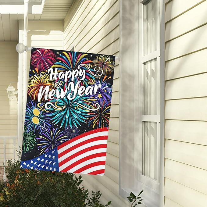 Happy New Year Garden Flag New Year Eve House Banner Double Sided American Flag Fireworks Wall Banners Balloon Holiday Celebration Party Yard Flags for Winter Festival Greetting 28 x 40 Inch