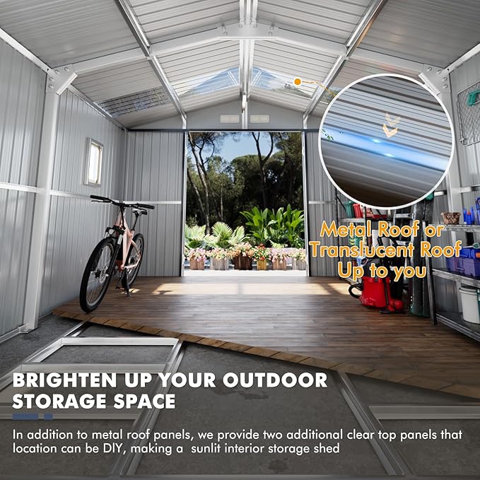 10x12 Metal Shed with Floor Frame Kit, Reinforced Construction - Translucent Roof Panels for Natural Light, Lockable Doors, Vents and Windows | Weatherproof Outdoor Storage for Garden/Backyard/Patio