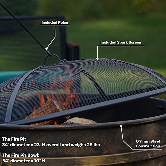 Sunnydaze 34-Inch Large Fire Pit for Outside - Wood-Burning Fire Pit Bowl for Outdoors with Spark Screen, Log Poker, and Grate