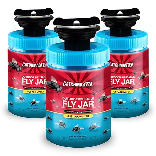 Catchmaster Outdoor Reusable Fly Traps Outdoor with Bait Included – 3 Non-Toxic, Pet Safe Hanging Fly Jars – Bug Catchers for Yard, Patio & Trash – Sets Up in Seconds