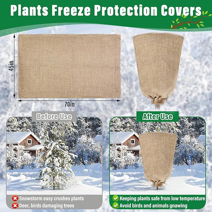 Riare 2 Packs 45 × 70 Inch Burlap Winter Plant Cover Bags with Drawstring- Reusable Large Burlap Sack Plant Frost Protector, Plant Frost Cloth Cold Tree Freeze Blanket for Outdoor Plants Shrubs Fruit