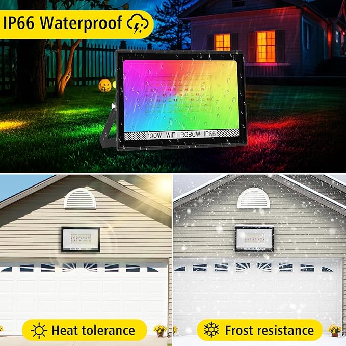 T-SUN RGB Flood Lights Outdoor, 1000W Equivalent Color Changing Landscape LED Light with APP & WiFi & Remote Control, Waterproof Floodlight with 16 Million Colors, Timing, Music Sync (100W-2Pack)