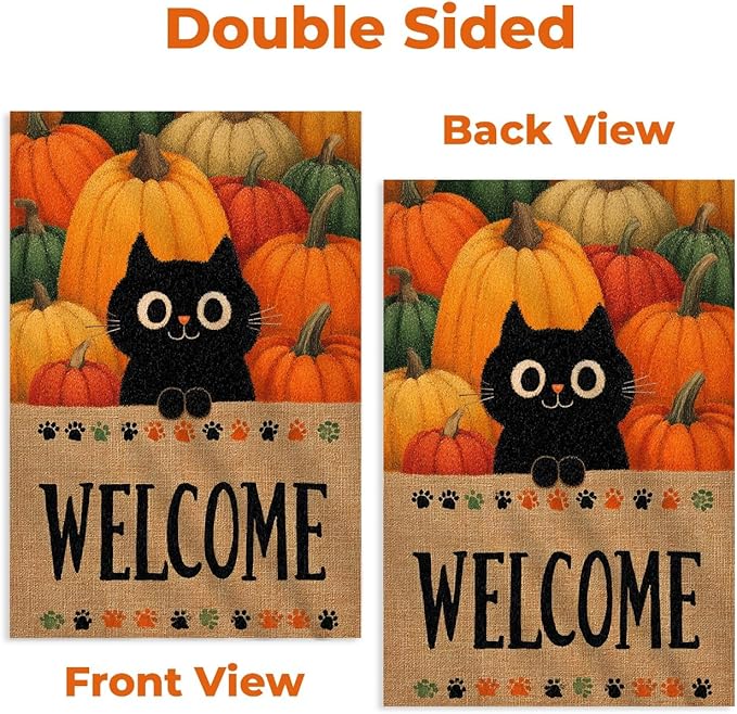 Halloween Garden Flag – Black Cat Pumpkin Patch Welcome Flag, 12x18 Double Sided Burlap Halloween Yard Flag for Outside, Seasonal Fall Outdoor Decoration, Weatherproof