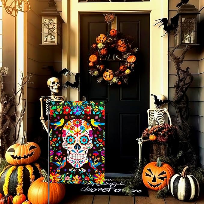 Day of the Dead Garden Flag Skull Welcome Floral Yard Flag Mexican Gothic Skeleton Flowers Birds Double-Sided Garden Flags Fiesta Dia DE Los Muertos Burlap House Banner 12x18 Inch