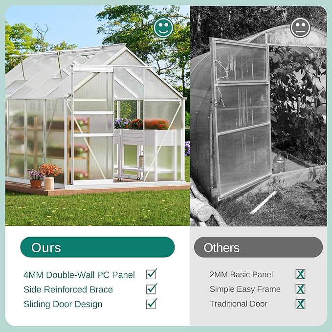 YITAHOME Polycarbonate Greenhouse 6x8FT Heavy Duty Green Houses Outdoor Greenhouses Aluminum Sliding Doors Vent Window Large for Garden Backyard, Silver