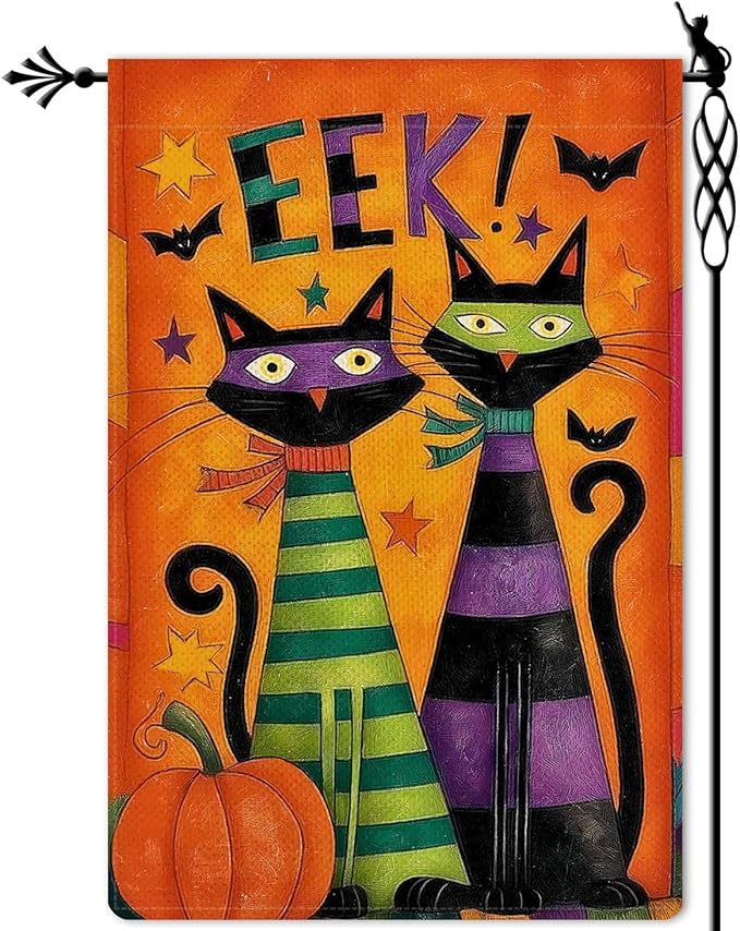 Halloween Black Cats Garden Flag EEK Pumpkins Holiday Garden Flag Vertical Double Sided Rustic Farmland Burlap Yard Lawn Outdoor Decor 12.5x18"