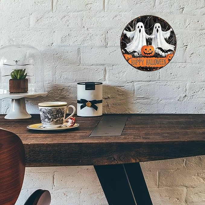 PEACHGARDEN Round Happy Halloween Pumpkin Wreath Vintage Sign Halloween Ghost Metal Tin Sign for Home Bar Kitchen Hotel Dining Room Coffee 8x8inch