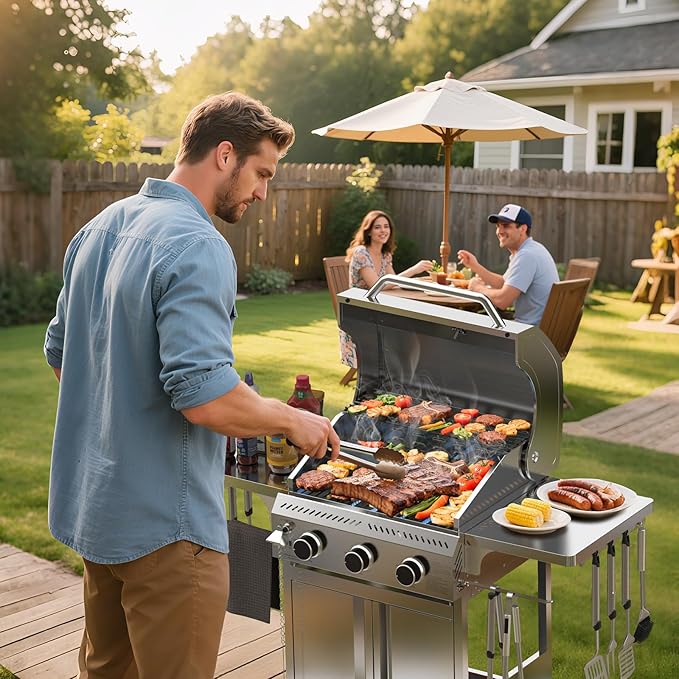 G31 Grill,3-Burner Gas Grill with Folding Shelf,Stainless Steel 24,000 BTU Propane Gas Grill,Outdoor BBQ Grill for Barbecue,Patio,Camping