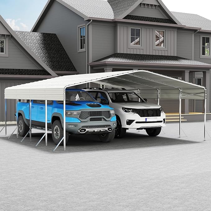 Heavy Duty Metal Carport – Sturdy Structure, All-Weather Protection, Easy Assembly for Cars, Trucks, Boats, Tractors, and Outdoor Storage (White, 20X20 FT)
