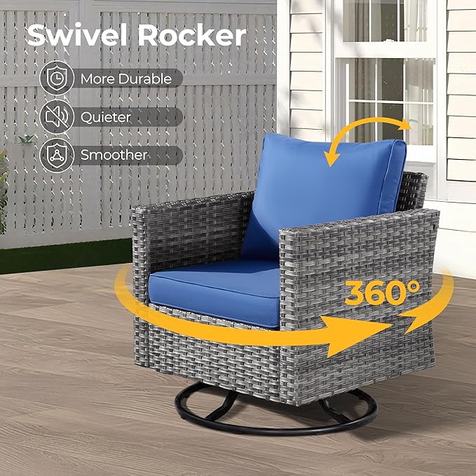 HOOOWOOO 10 Piece Patio Sectional Furniture Set with Fire Pit Table,Modern Wicker Outdoor Conversation Sofa Sets,Weather Resistant Modular L Shaped Outside Couch Swivel Chair Set(Navy Blue)