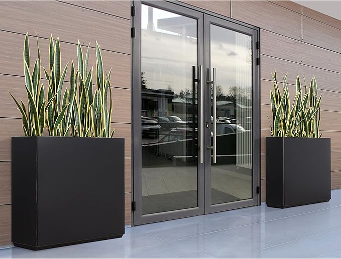 Metallic Heavy Outdoor Planter Box, Span Planter, Pure Black with Hand Brushed Gold Rim, Long and Tall Divider Planter, No Assembly and Seamless, 38”Lx10”Wx30”H 48.8 Pounds