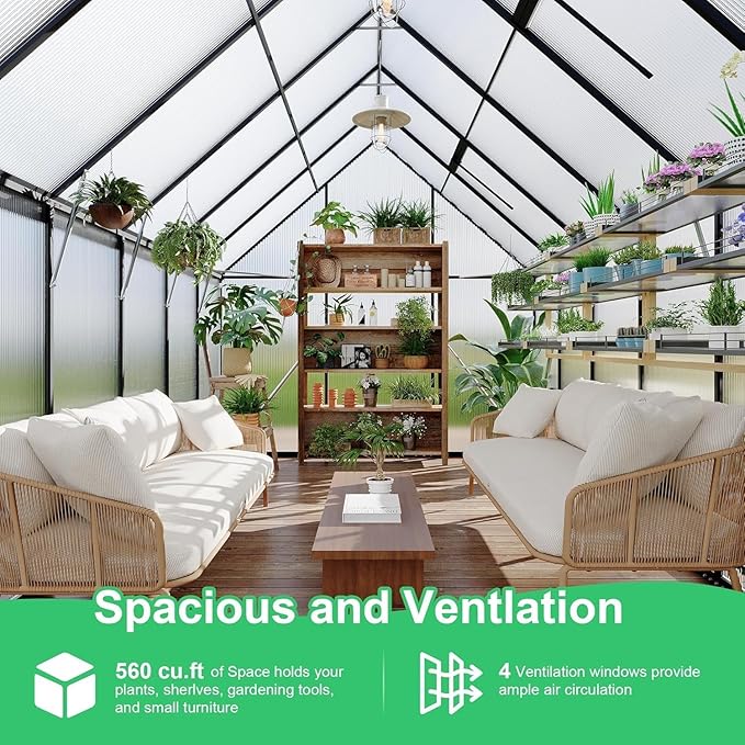 Greenhouse 8x16 FT Aluminum-Framed Heavy Duty Polycarbonate with Quick Setup Structure and Roof Vent Large Enhanced Outdoors Green House Kit