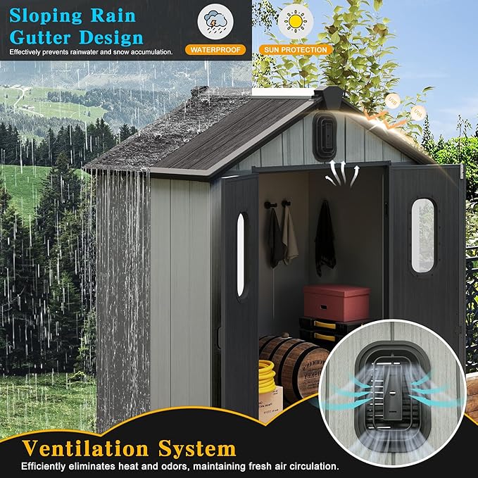 Domi 5x3FT Resin Outdoor Storage Shed with Lockable Door, Waterproof Outside Sheds with Windows & Vents, Heavy-Duty Plastic Tool Storage Shed for Patio Furniture, Lawn Mower, Bike