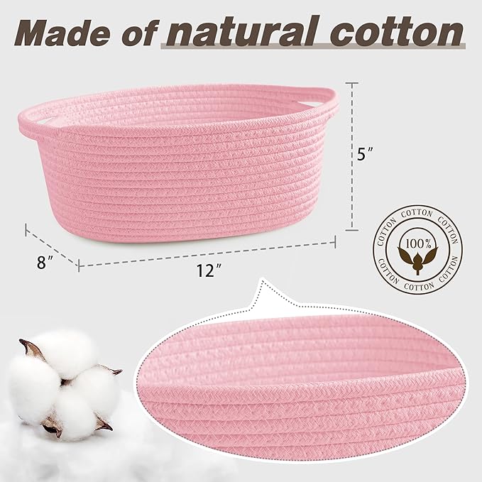 Pro Goleem Small Woven Basket with Gift Bags and Ribbons Durable Baskets for Gifts Empty Small Rope Basket for Storage 12"X 8" X 5" Baby Toy Basket with Handles, Pink