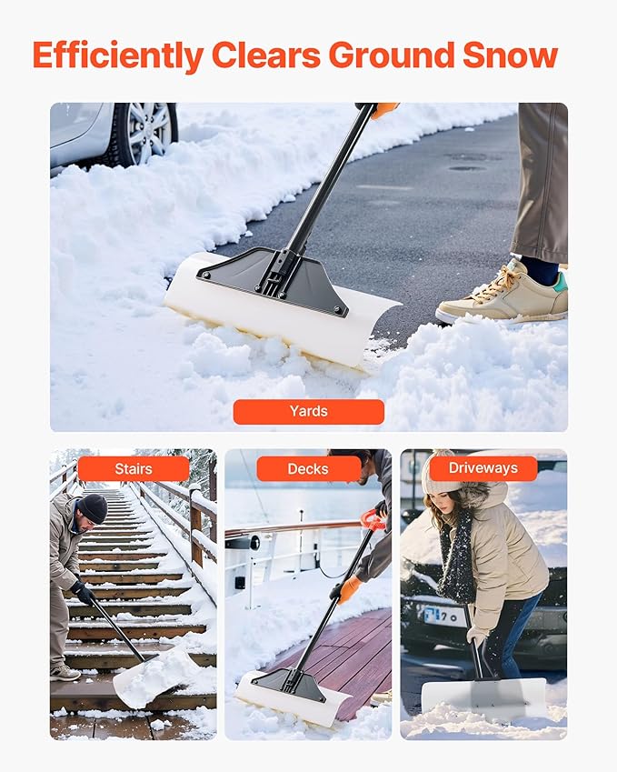 VEVOR Snow Pusher, 24 inch Wide Push Snow Shovel Plow for Driveway, Sidewalks and Doorways with Segmented Handle, Ergonomic Grip and HDPE Plastic Blade