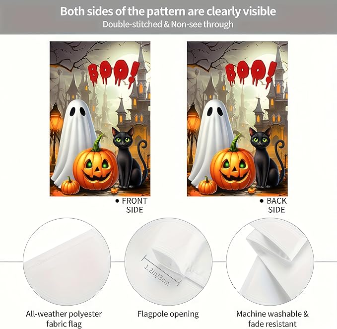 Halloween Welcome Garden Flag 12 x 18 Double Sided Decorations Black Cat BOO Spooky Ghost Pumpkin Garden Flag Holiday Yard Banner Indoor Outdoor House Décor Party