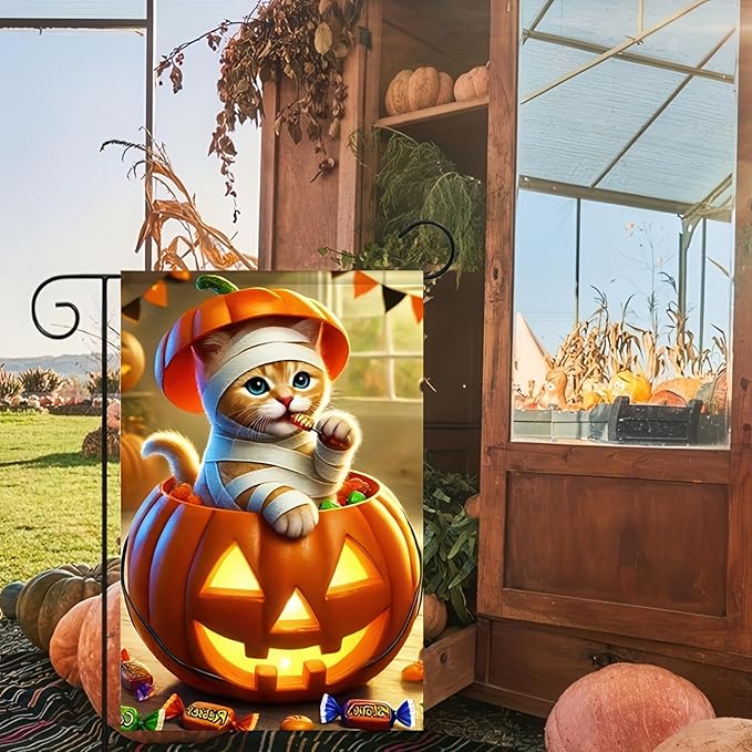 Cat Halloween Garden Flags 12x18 Double Sided Trick or Treat Holiday Garden Flags Jack O Lantern Pumpkin Flag Cute Kitten Fall Holiday Yard Flag Winter Lawn Flags Farmhouse Outdoor Banner