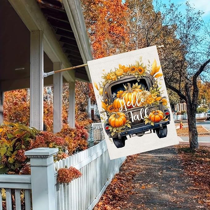 Hello Fall Pumpkin Truck House Flag 28x40 Double Sided, Autumn Thanksgiving Large Garden Flags for Outside, Holiday Seasonal Yard Flag Outdoor Decorations for Home