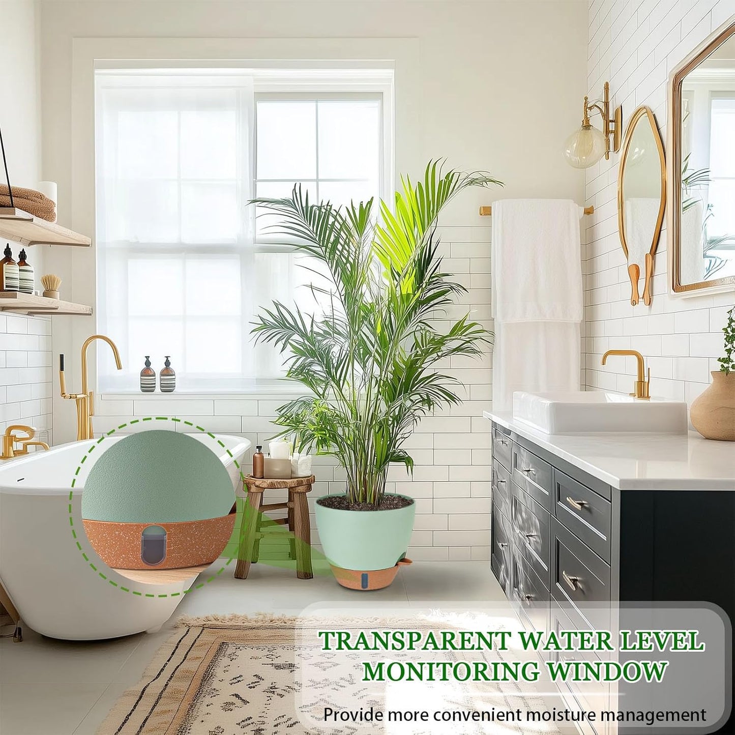 8/10/12 Inch Self Watering Pots for Indoor/Outdoor Plants - Large Plastic Planter with Drainage Holes, Water Level Indicator & Deep Reservoir, Modern Decorative Flower Pots (Green)